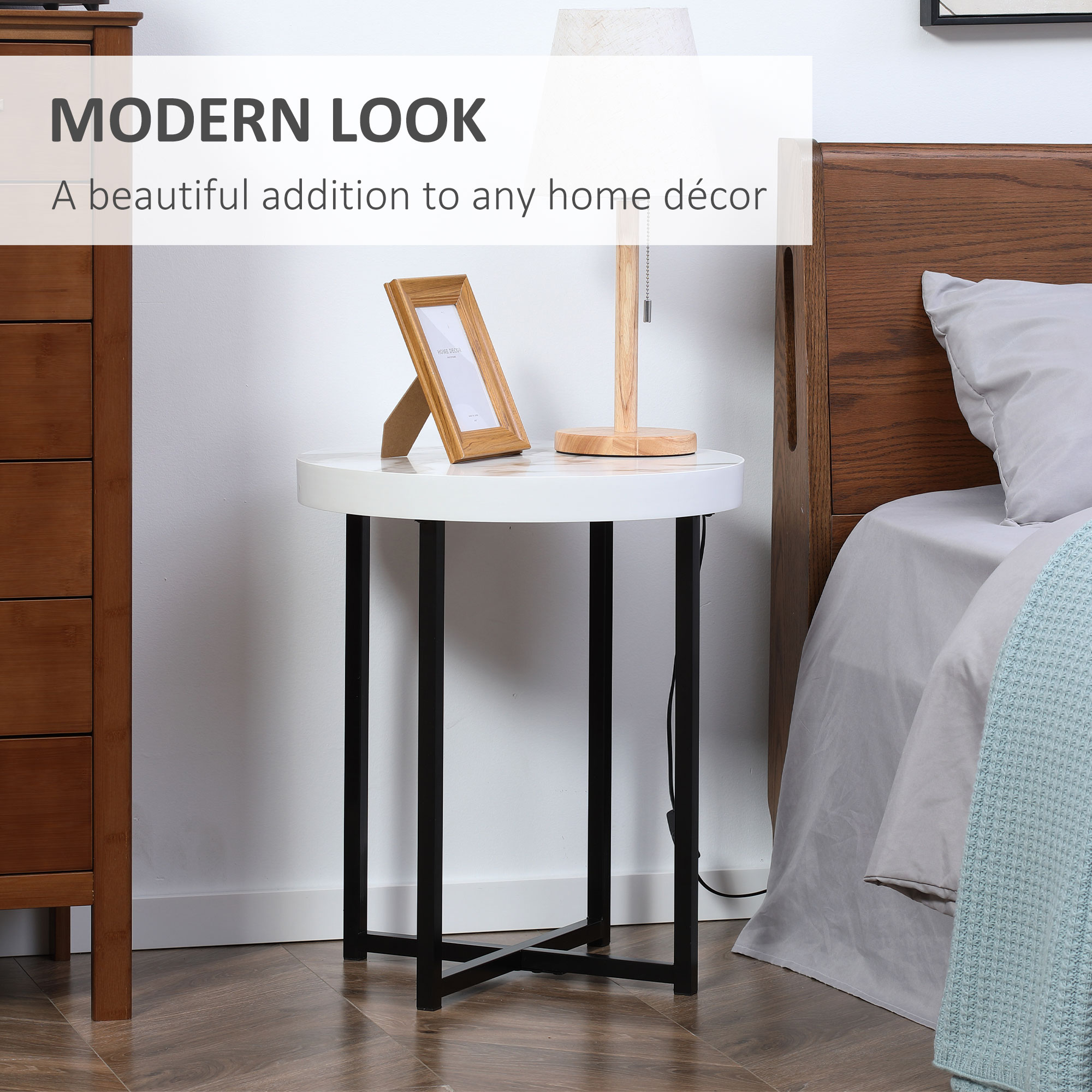 Round Side Table with Metal Legs, Modern End Table Bedside Table