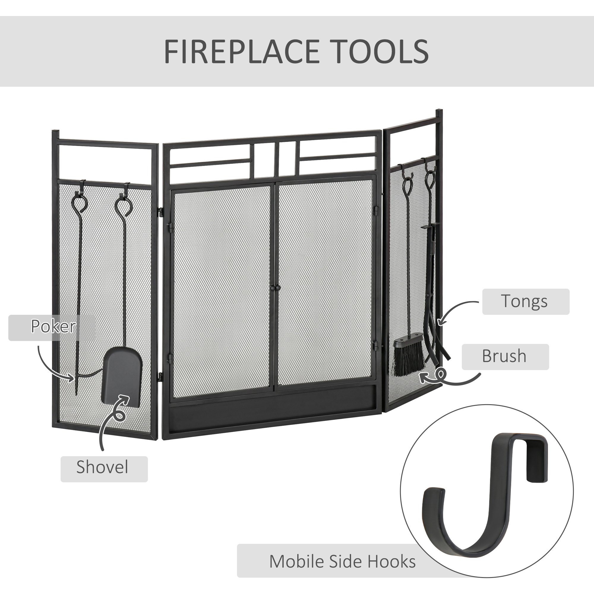 3 Panel Folding Fire Guard, Steel Fireplace Screen with Double Door and ...