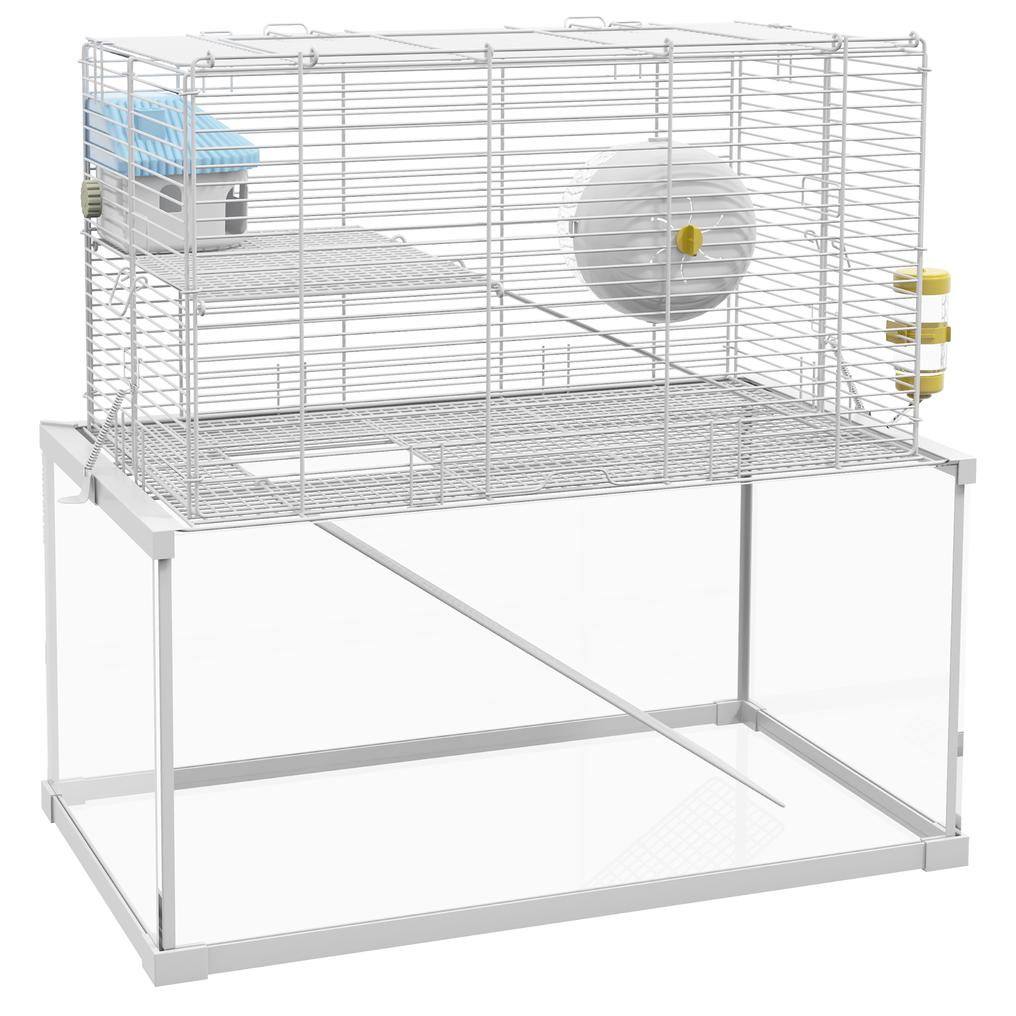 Image showcasing PawHut Gerbil Cage, Dwarf Hamster Cage w/ Deep Glass Bottom, Ramps ...