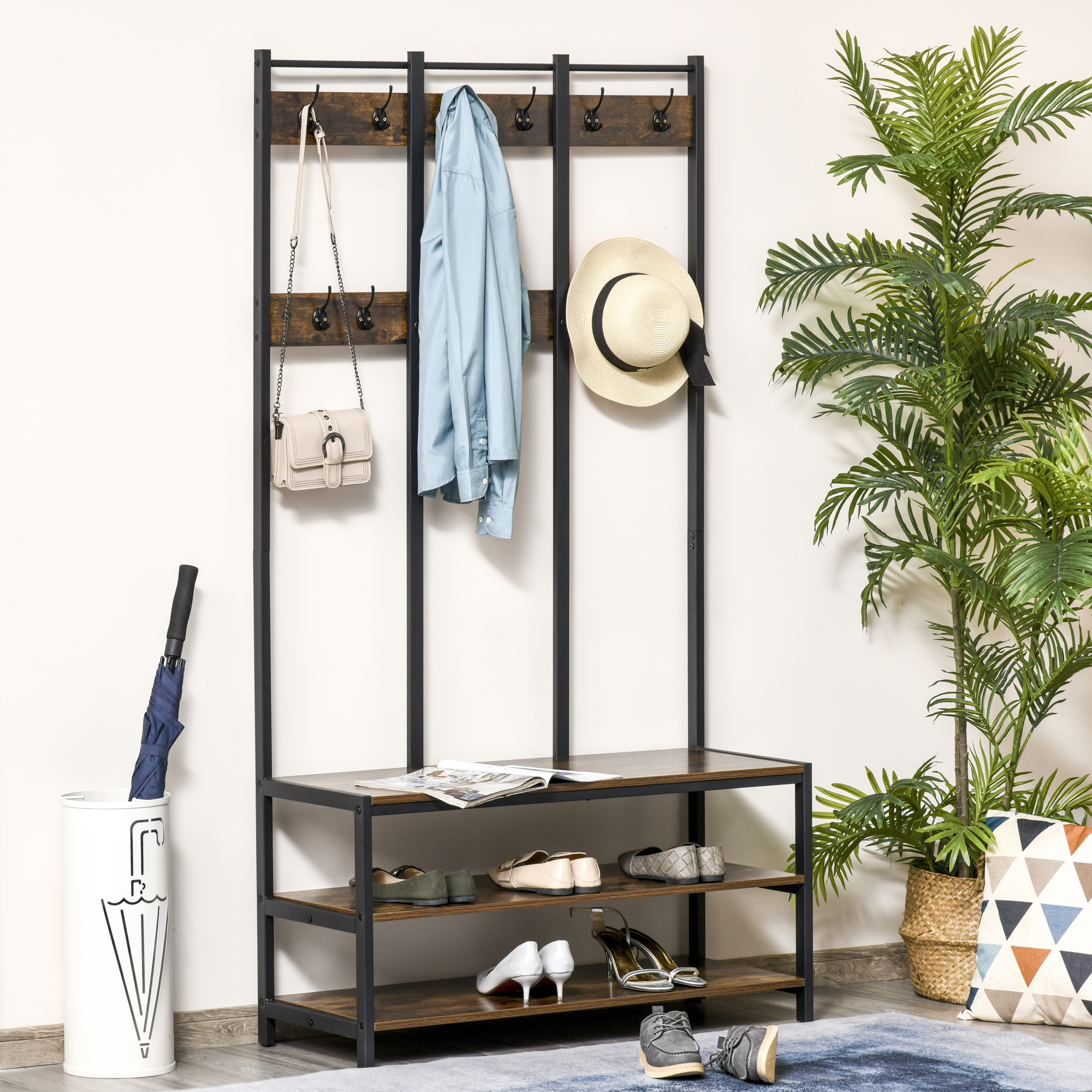 Coat Rack Stand, Free Standing Hall Tree, Coat Stand with Hooks, Bench ...