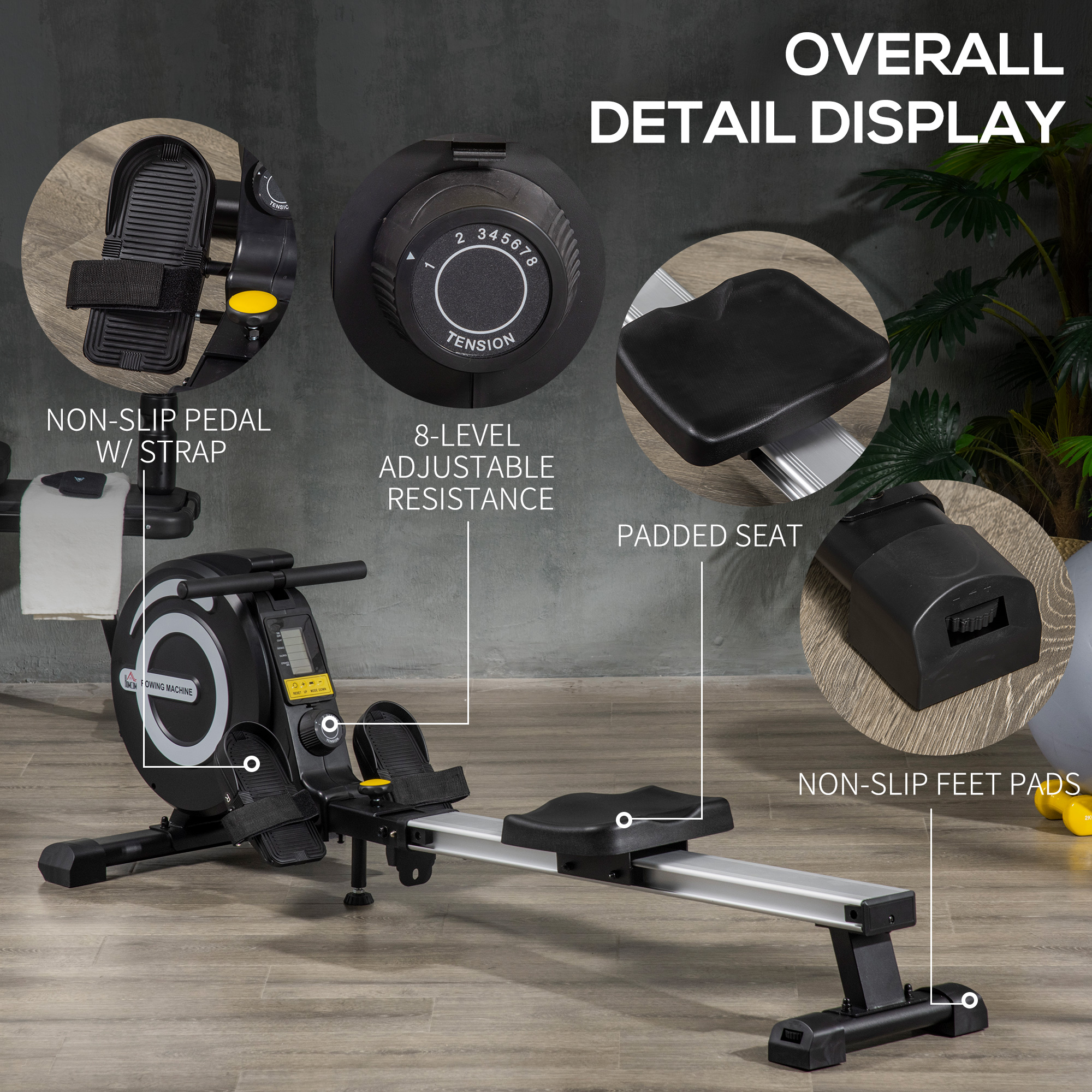 Folding Rowing Machine, 8-Level Magnetic Rower Machine with LCD Monitor ...