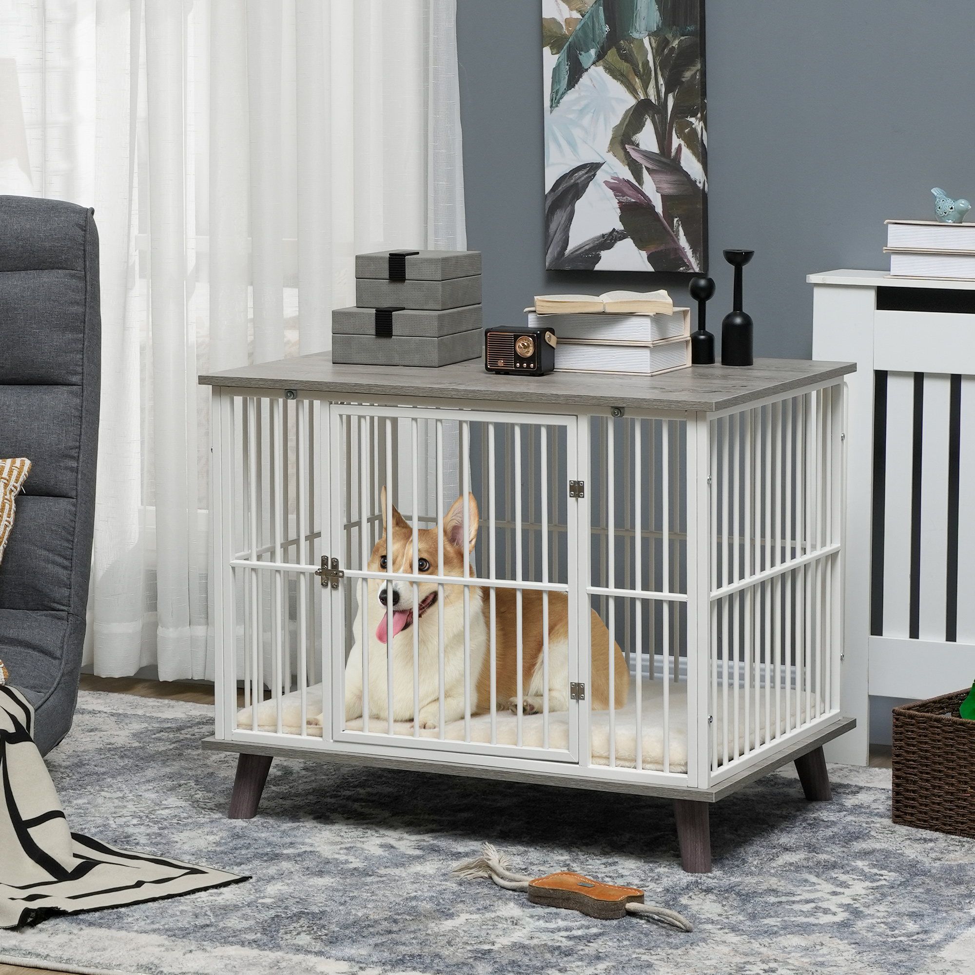 Dog Crate Furniture, Indoor Pet Kennel Cage, Top End Table w/ Soft Cushion,  Lockable Door, for Small Dogs, 86 x 60 x 70 cm Grey - Main Image