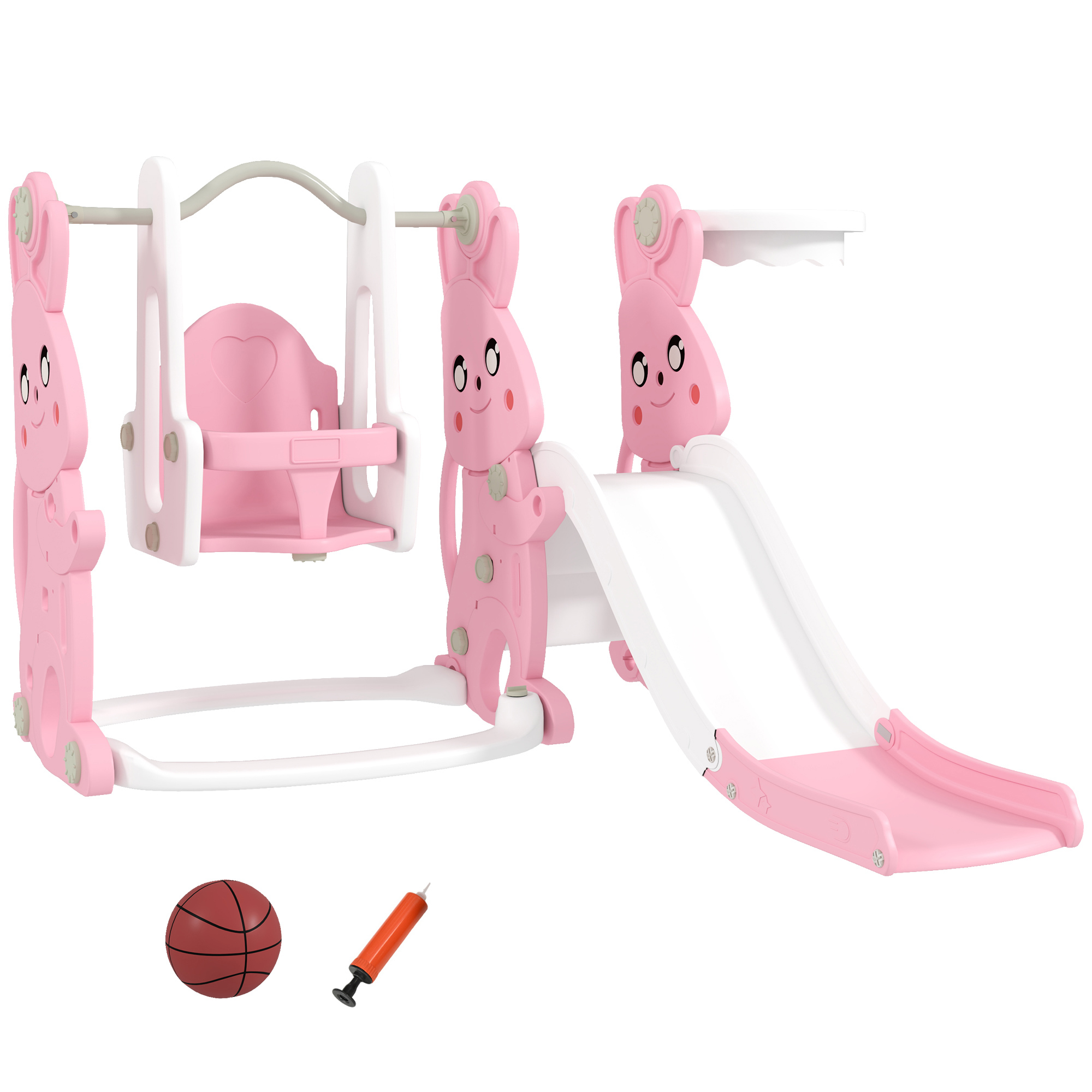 4 in 1 Kids Slide and Swing Set with Climber, Basketball Hoop, Rabbit ...