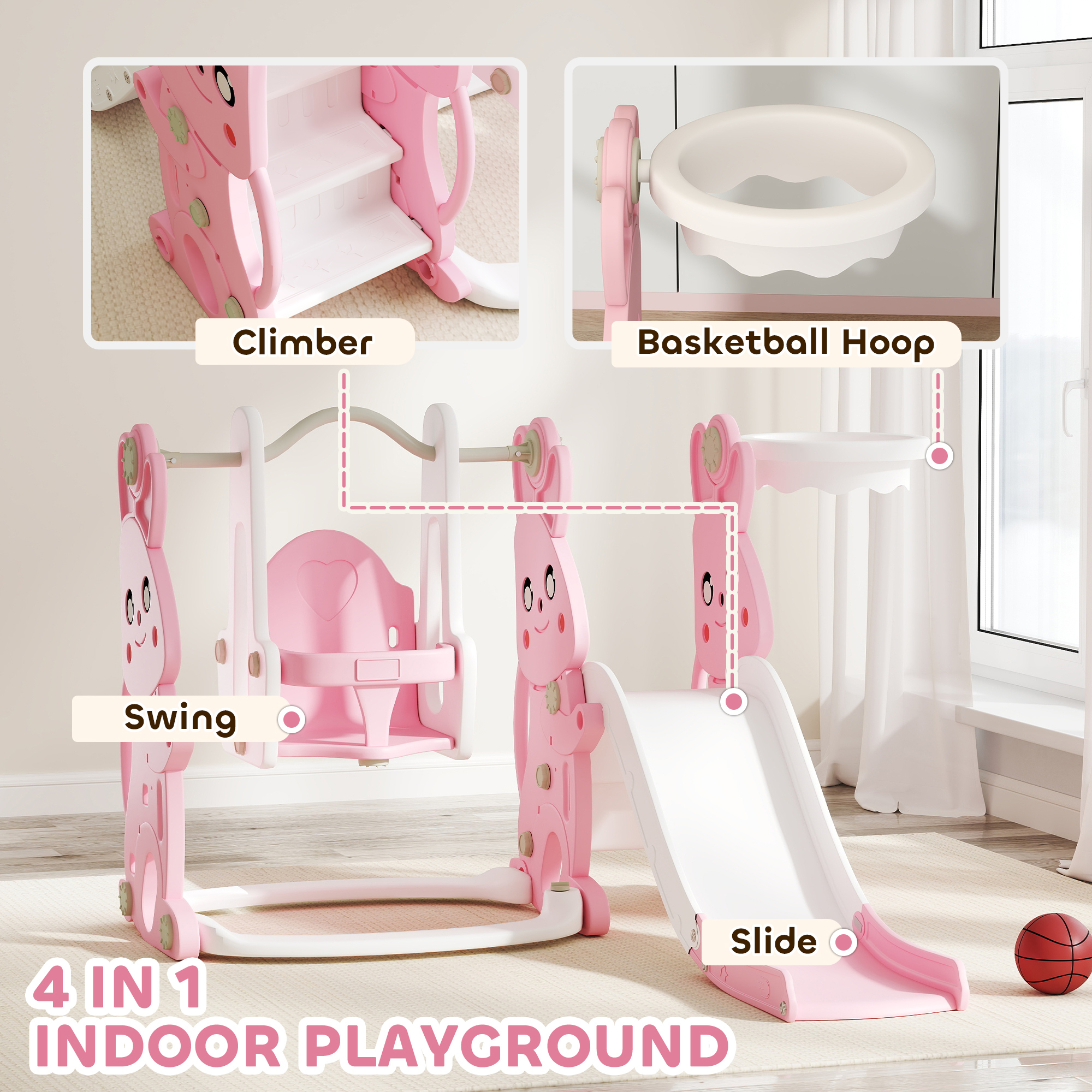 4 in 1 Kids Slide and Swing Set with Climber, Basketball Hoop, Rabbit ...