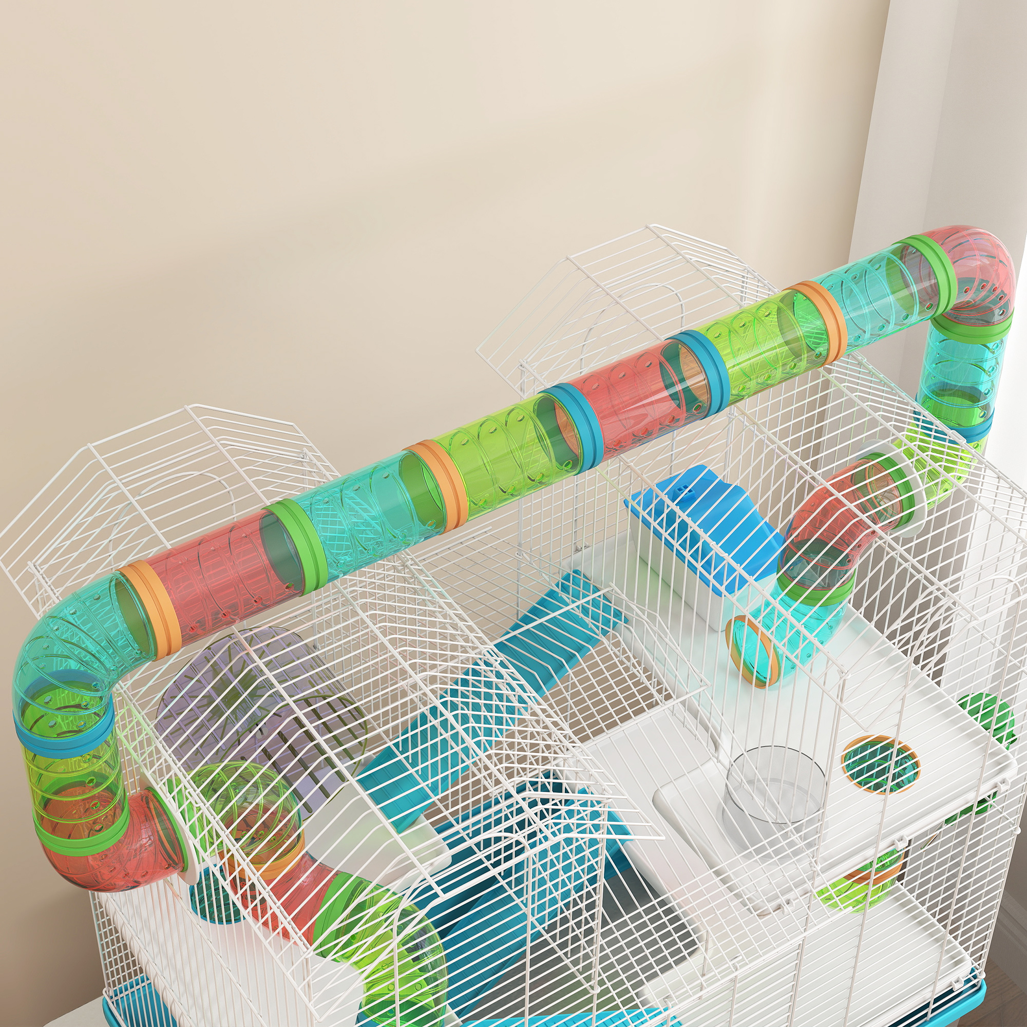 4 Tier Hamster Cage w/ Tubes, Exercise Wheel, Hut, Water Bottle, Food ...