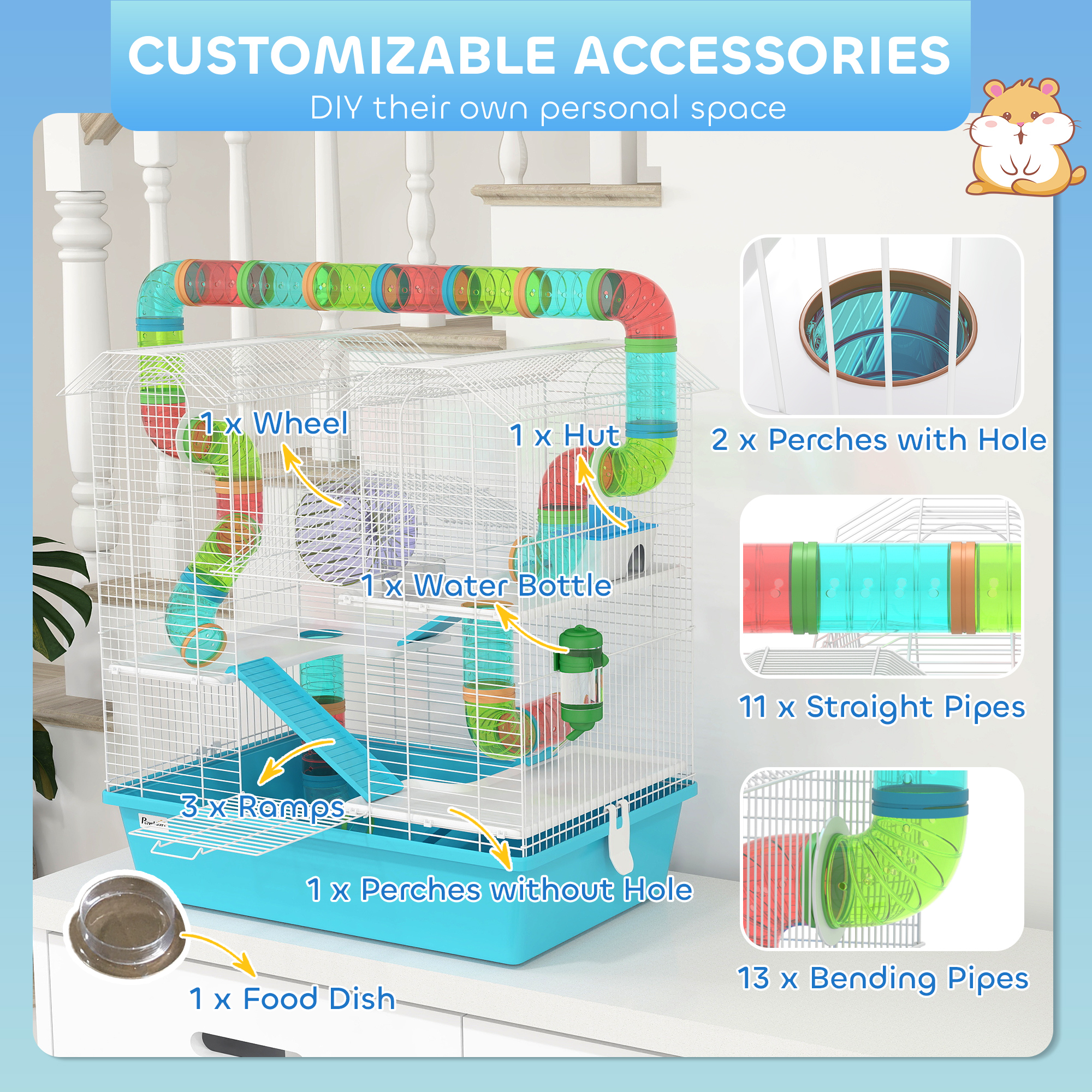 View of 4 Tier Hamster Cage w/ Tubes, Exercise Wheel, Hut, Water Bottle, Food ...