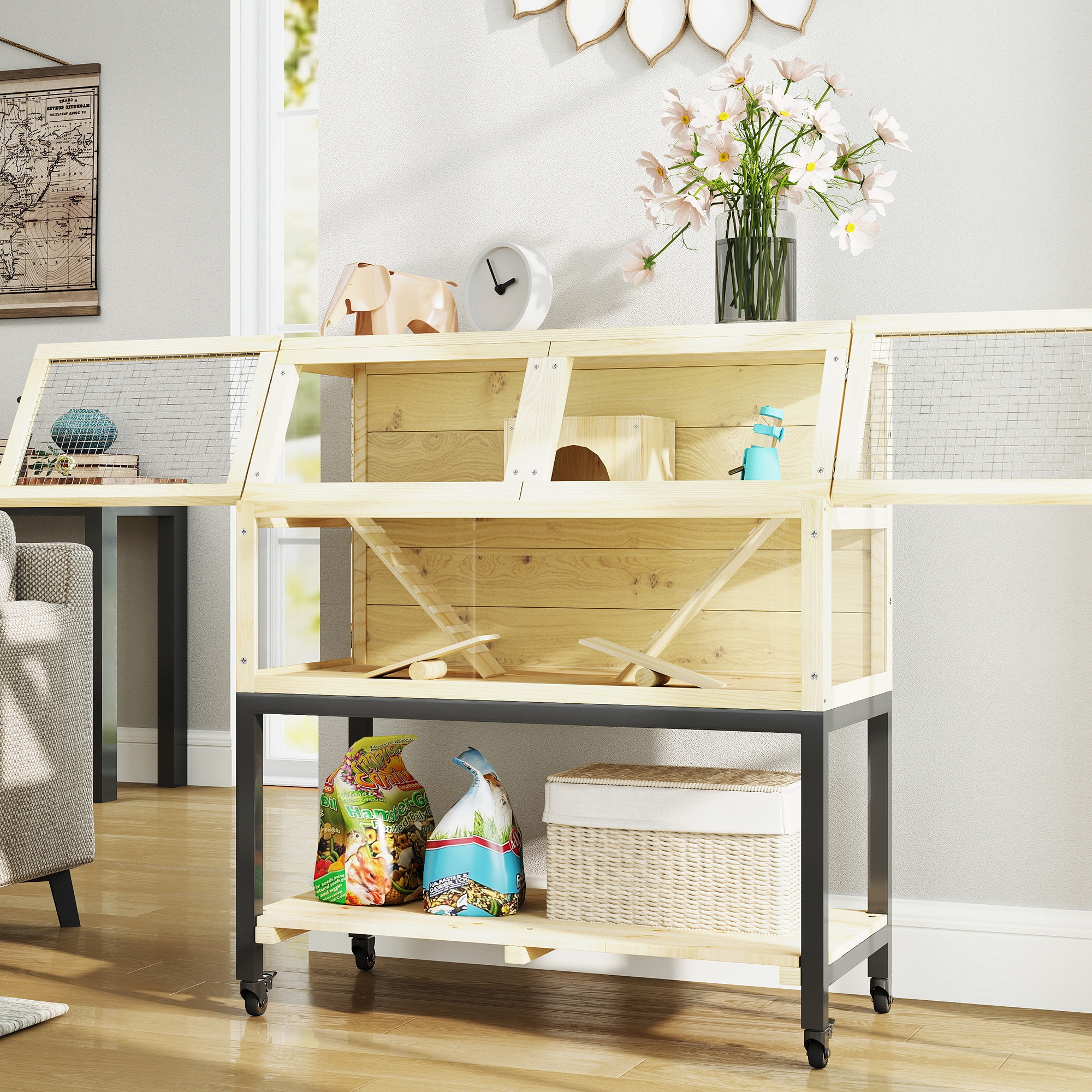 Wooden Hamster Cage with Storage Shelf, Wheels, Ramps, Water Bottle ...