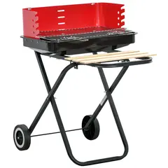 Buy Charcoal Trolley BBQ Barbecue Grill Patio Camping Picnic Garden Party Outdoor Cooking with Windshield, Wheels Side Trays, Black/Red