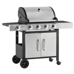 Buy Gas Barbecue Grill 4+1 Burner Garden Smoker BBQ Trolley w/ Side Burner Warming Rack Side Shelves Storage Cabinet Piezo Ignition Thermometer Stainless Steel + Metal