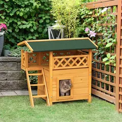 Buy PawHut Cat House Outdoor Kitten Shelter Puppy Kennel with Balcony Stairs Asphalt Roof, 77 x 50 x 73 cm, Natural