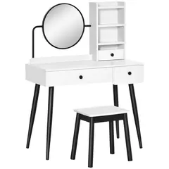 Buy Dressing Table Set with Mirror and Stool, Vanity Makeup Table with 3 Drawers and Open Shelves for Bedroom, Living Room, White