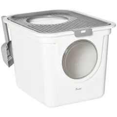 Buy Cat Litter Box, Pet Toilet, Enclosed Kitten Pan with Front Entrance Top Exit, High Side, Scoop, White