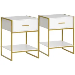 Buy Modern Bedside Table, Nightstand with Drawer Shelf, Side Table for Living room, Bedroom White and Gold, Set of 2