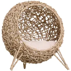 Buy Wicker Cat Bed, Ball-Shaped Rattan Elevated Cat Basket with Three Tripod Legs, Cushion - Natural Wood Finish