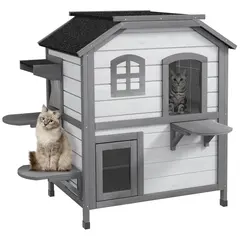 Buy 2-Story Indoor or Outdoor Cat House W/ Escape Door, Cat Shelter, White