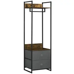 Buy Clothes Rail, Metal Coat Stand, Garment Rack with 2 Fabric Storage Drawers, Single Wardrobe for Bedroom, Hallway, Rustic Brown and Grey