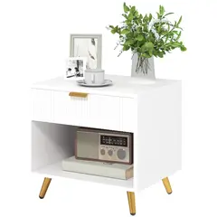 Buy Elegant Bedside Table, with Drawer and Shelf - White/Gold Tone