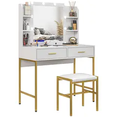 Buy Dressing Table with Lighted Mirror, Cushioned Stool, Drawers, Shelves, LED Makeup Vanity Desk Set, Modern Dresser Vanity Table for Bedroom, White