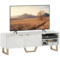 Buy Marble Effect TV Unit, TV Stand Cabinet for up to 70" TVs, Modern TV Cabinet with Shelves and Storage Cupboard, Fluted Door, Extra Centre Leg, Cable Management for Living Room, White