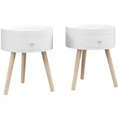 Buy Modern Side Table, Small Coffee Table, Round Bedside Table with Drawer and Wood Legs for Living Room, Bedroom, Set of 2, White