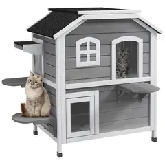 Buy Cat House Outdoor, Weatherproof Wooden Cat Enclosure for Feral Cats with Escape Door, Openable Roof, Jumping Platforms, Grey