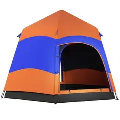 Buy Outsunny Six Man Hexagon Camping Tent with Hang Hook and Carry Bag - Orange and Blue
