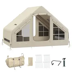 Buy Inflatable Camping Tent with Pump, Stove Jack Hole, Easy Setup 2-4 Person Family Blow Up Tent, Waterproof Glamping Luxury Inflatable Tent, Mesh Windows, Doors, Hook, Carry Bag, Beige