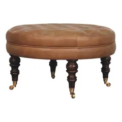 Buy Brown Buffalo Leather Round Ottoman with Castor Legs