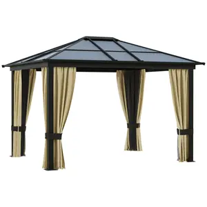 Buy 3 x 3.6(m) Hardtop Gazebo Canopy with Polycarbonate Roof and Aluminium Frame, Garden Pavilion with Mosquito Netting and Curtains, Brown