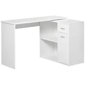 Buy L-Shaped Desk, Corner Computer Desk, Adjustable Study Table with Storage Shelf, Drawer and Cabinet, Workstation for Home Office, White Wood Grain