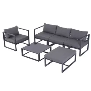 Buy 6 PCs Outdoor Indoor Sectional Sofa Set Thick Padded Cushions Aluminium Frame 5 Seaters 1 Coffee Table Footrest Grey