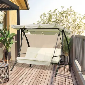 Buy Outsunny 3 Seater Swing Chair 2-in-1 Hammock Bed Patio Garden Chair with Adjustable Canopy and Cushions, Cream White