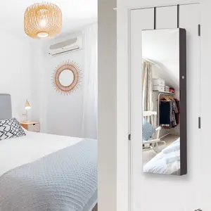 Buy HOMCOM Mirrored Jewellery Storage Cabinet Door Mounted/Wall mounted Organiser Hanging Lockable w/ 6 Inner LED Lights Natural Color