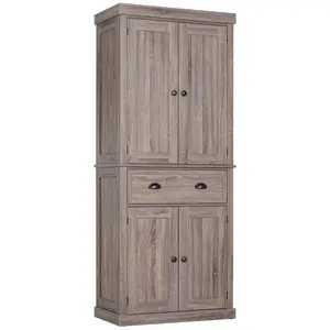 Buy Freestanding Kitchen Cupboard, 184cm Tall Storage Cabinet with Doors and Shelves, Traditional Colonial 4-Door Kitchen Pantry Cupboard with Drawer, Dark Wood Grain