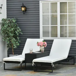 Buy Outsunny 2 Seater Rattan Sun Lounger Garden Outdoor Wicker Weave Recliner Bed Side Table Set Patio Furniture with Cushion - Black