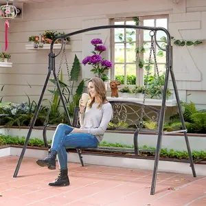 Buy Outsunny Garden 2-Seater Metal Swing Chair Bench Modern Style Outdoor Sling Seat, Black