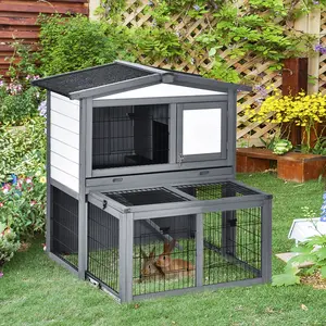 Buy PawHut 2 Tier Wooden Rabbit Hutch Small Animal Cage Slide Out Tray Ramp Outdoor Run Openable Roof Grey 101.5 x 90 x 100 cm