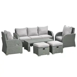 Buy Six-piece Outdoor Rattan Dining Set, Outdoor Sofa Set with Reclining Armchairs and Mental Frame, Grey