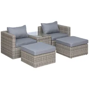 Buy 5 Piece Rattan Garden Furniture Set w/ 10cm Thick Cushions, Aluminium Frame Wicker Outdoor Balcony Sofa Set with Corner Armchairs, Ottomans, and Glass Top Table, Mixed Brown