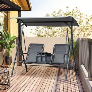 Buy Outsunny 2-Seater Swing Chair Steel Frame Adjustable Canopy Texteline Garden Swing Seat w/ Middle Table Cup Holders Heavy Duty Outdoor Patio - Grey