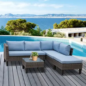 Buy Outsunny 4-Seater Rattan Garden Furniture Corner Sofa Set w/ 2 Seats Footstool Square Glass Top Coffee Table Thick Blue Cushions Solid Legs - Grey