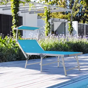 Buy Outsunny Garden Sun Lounger Texteline Chaise Lounge Reclining Chair with Canopy Adjustable Backrest Bed Aluminium Frame - Blue