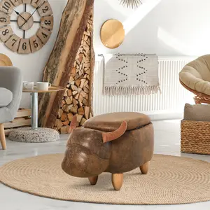 Buy Animal footstool Buffalo Storage Stool Cute Kids Decoration Wood Frame Legs w/Padding Lid Ottoman Furniture Brown