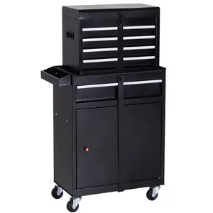 Buy Tool Chest 2 in 1 Metal Tool Cabinet Storage Box with 5 Drawers Pegboard Wheels 60x28x104.5cm Black