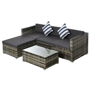 Buy 4-Seater Rattan Sofa Set Wicker Sectional Furniture Cushion Grey Garden