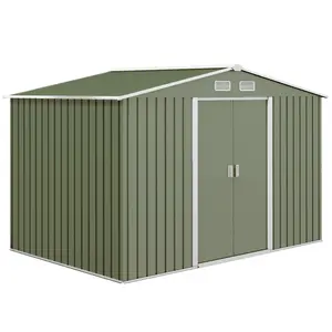 Buy 9 x 6ft Metal Garden Shed, Outdoor Storage Tool House with Ventilation Slots, Foundation Kit and Lockable Double Doors, Light Green
