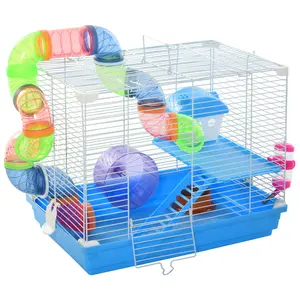 Buy 2 Tier Hamster Cage, Gerbil Cage with Handle, Exercise Wheels, Tunnel, Tube, Water Bottle, Dishes, Ladder, for Dwarf, Blue