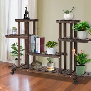 Buy 4-Tier Floor-standing Flower Rack Wood Plant Stand For Indoor & Outdoor Garden Balcony w/ Wheels & Handle 123.5L x 33W x 80H cm, 8 Pots