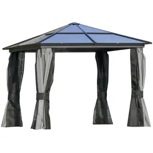 Buy 3 x 3(m) Hardtop Gazebo Canopy with Polycarbonate Roof, Aluminium Frame, Permanent Pavilion Garden Gazebo with Netting and Curtains for Patio, Deck, Dark Grey