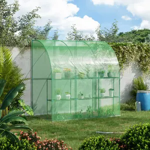 Buy Outdoor Walk-In Lean to Wall Tunnel Greenhouse with Zippered Roll Up Door PE Cover Green 214L x 120W x 215Hcm
